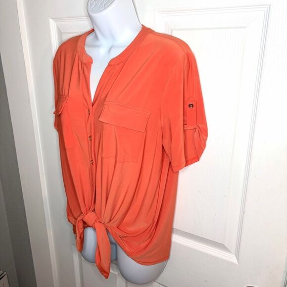 Cato Buttob Down Tie Front Blouse Coral Top M - Picture 6 of 10